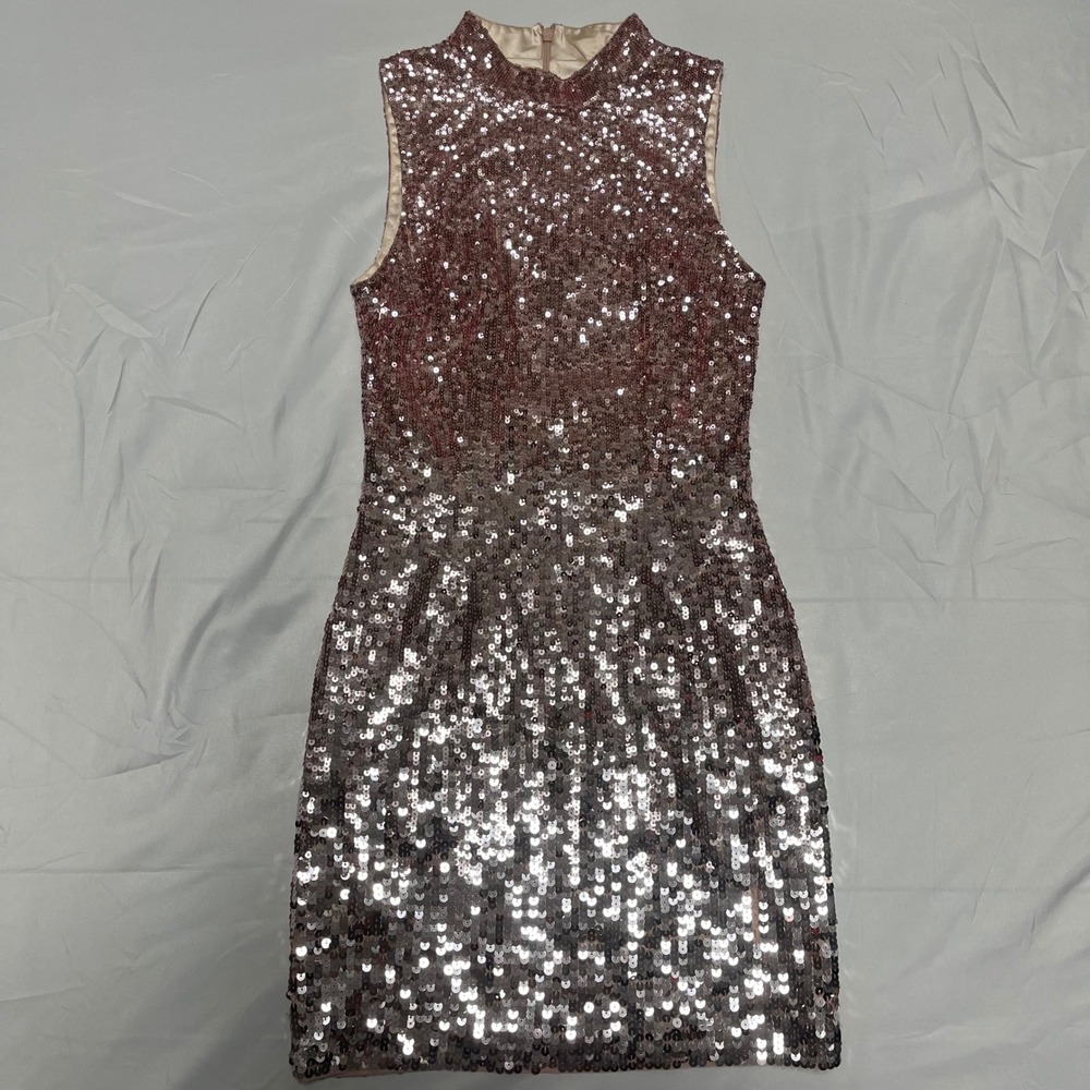 French Connection Rose Gold Ombre Sequin Mini Dress Size 0 - Picture 2 of 7